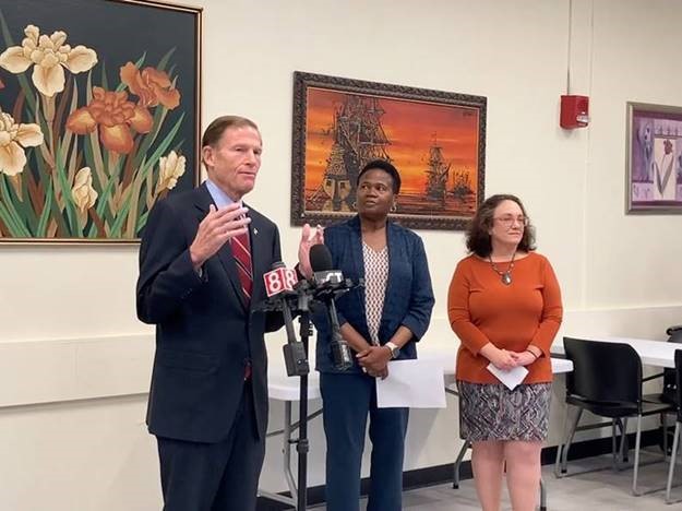 Blumenthal joined Hartford officials to announce a $250,000 federal grant for the Housing Authority of the City of Hartford (HACH) to install carbon monoxide detectors, enhancing health and safety for residents of several public housing developments. 